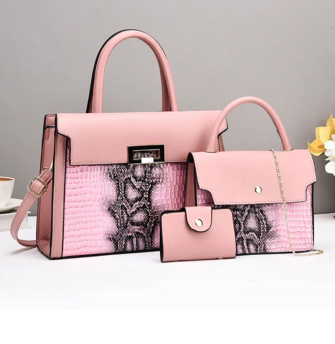 3-Piece Faux Leather Crocodile Embossed Handbag Set