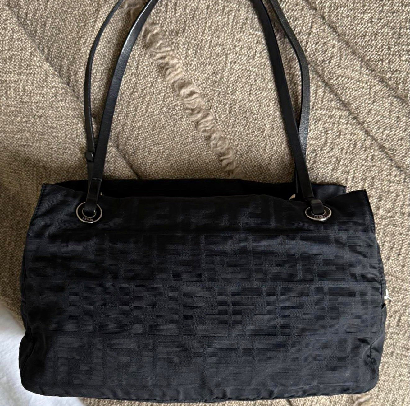 Fendi Black FF Pattern Shoulder Bag Zip Top Leather Strap Silver Hardware