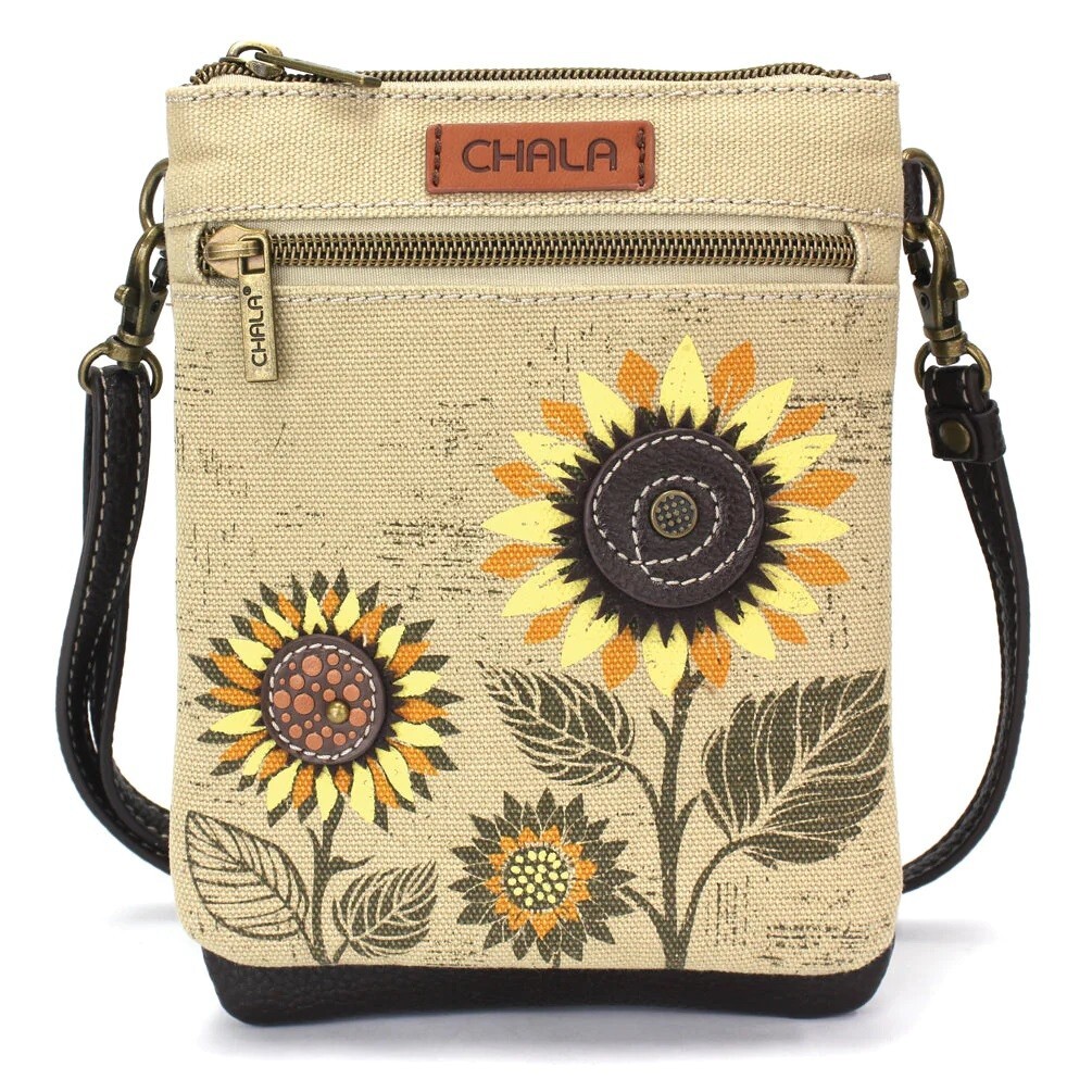 Chala Sunflower RFID Protected Canvas Double Pocket Crossbody Bag Two Straps NWT