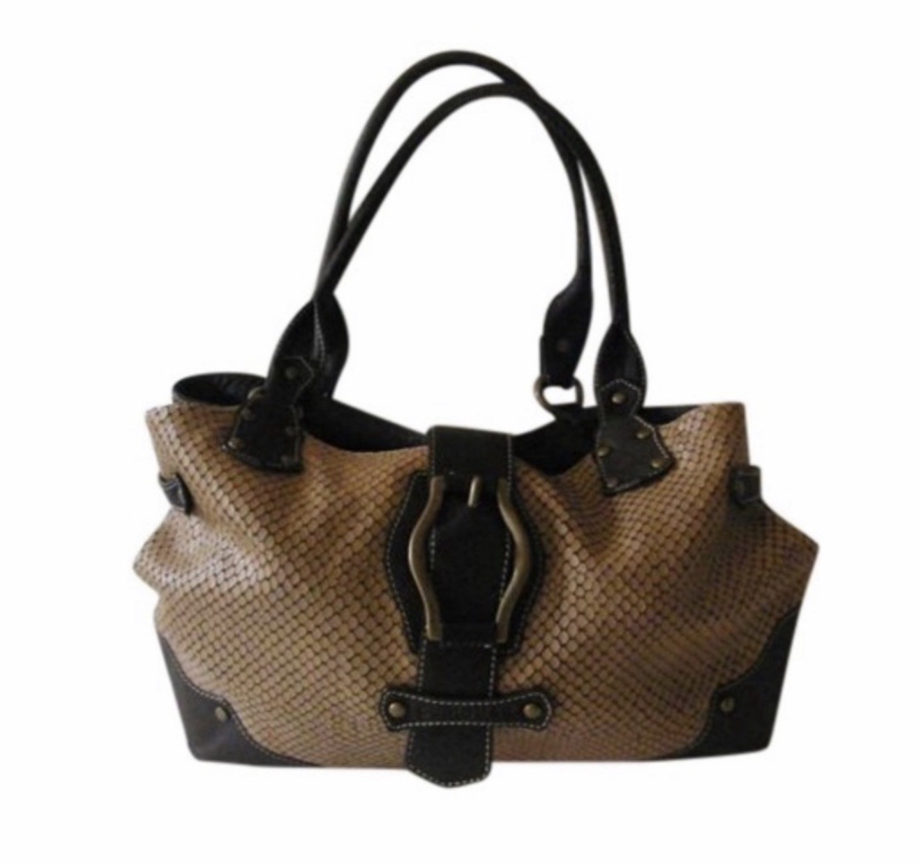 Puntotres Reptile Embossed Brown Leather Hobo Bag Made In Spain Vintage