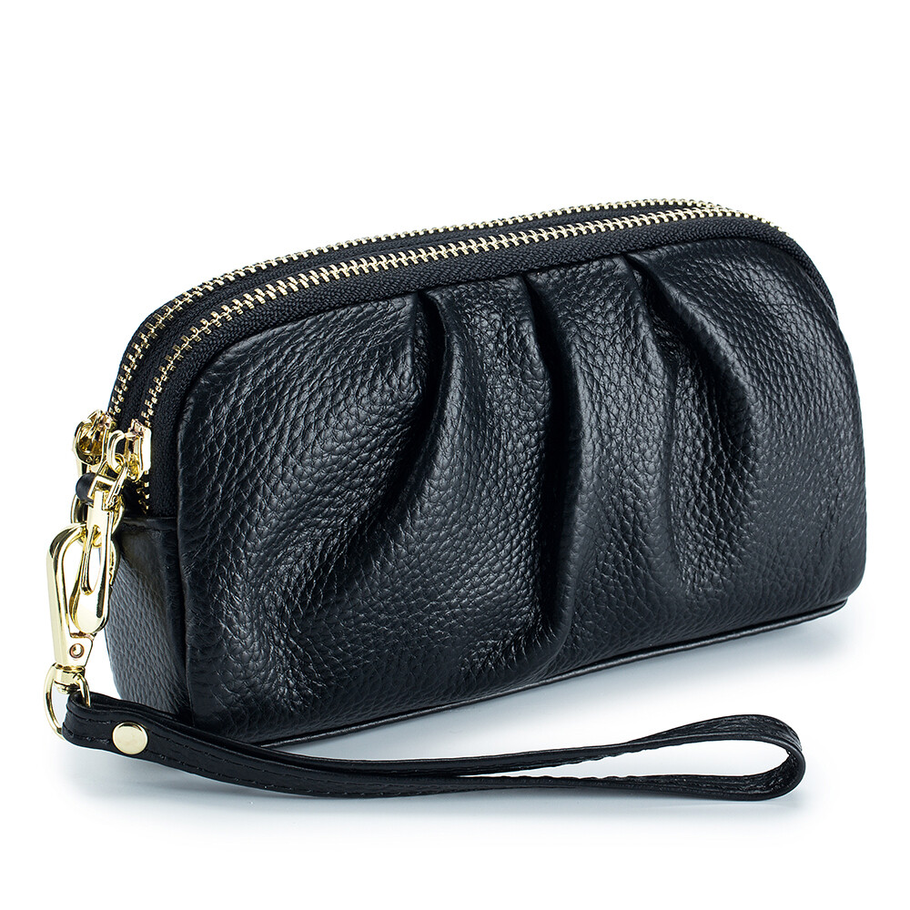 Womens Leather Hand Collar Bag Zipper Large Capacity Cowhide Phone Clutch Wallet