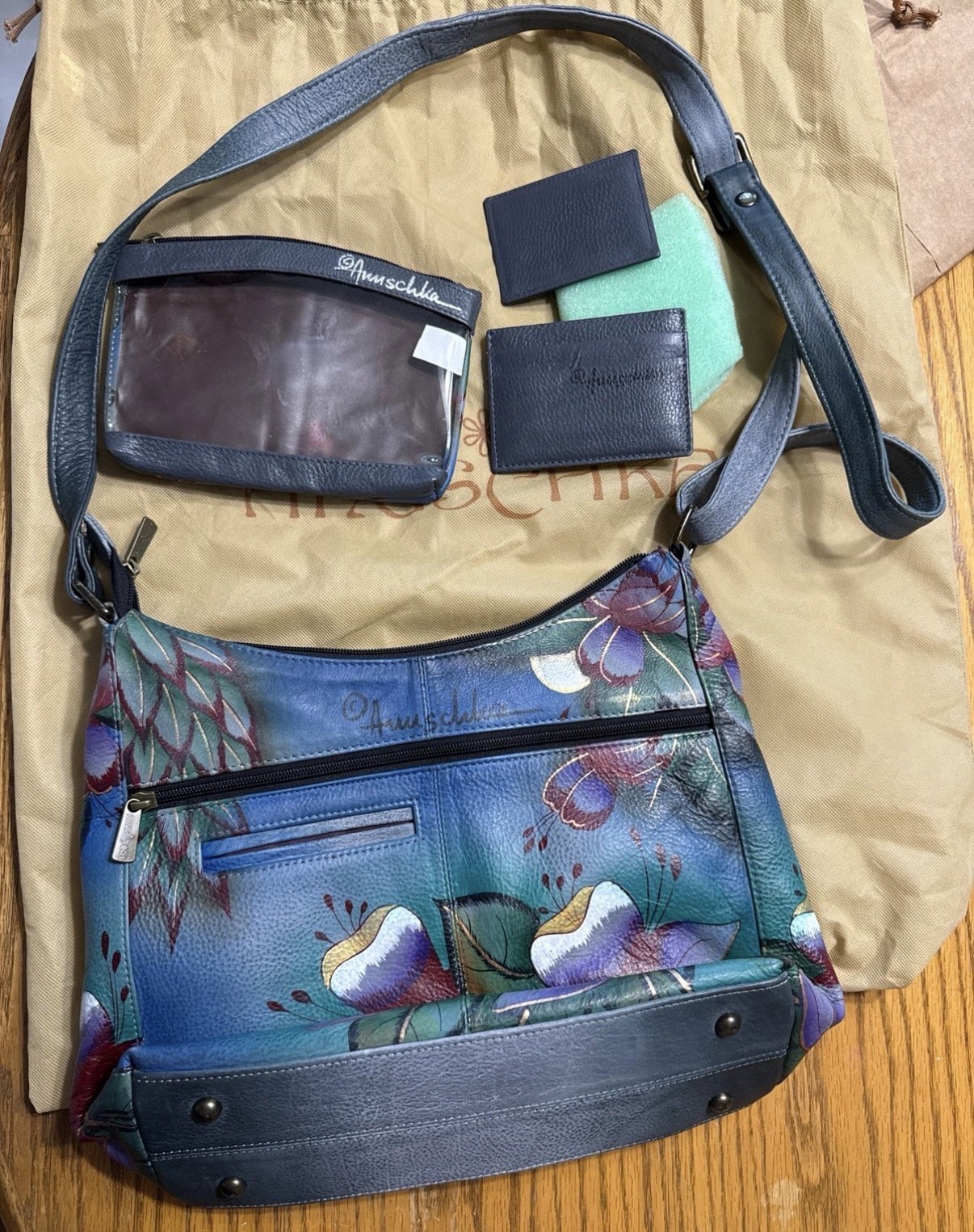 Anuschka Hand Painted Owl Crossbody Bag Blue w/ Coin Purse and Wallet NEW