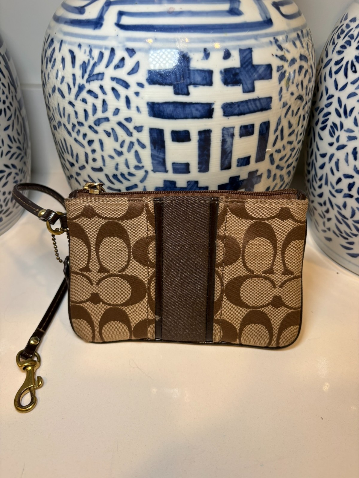 Coach Signature Stripe Wristlet Khaki Mahogany Brown Canvas Leather