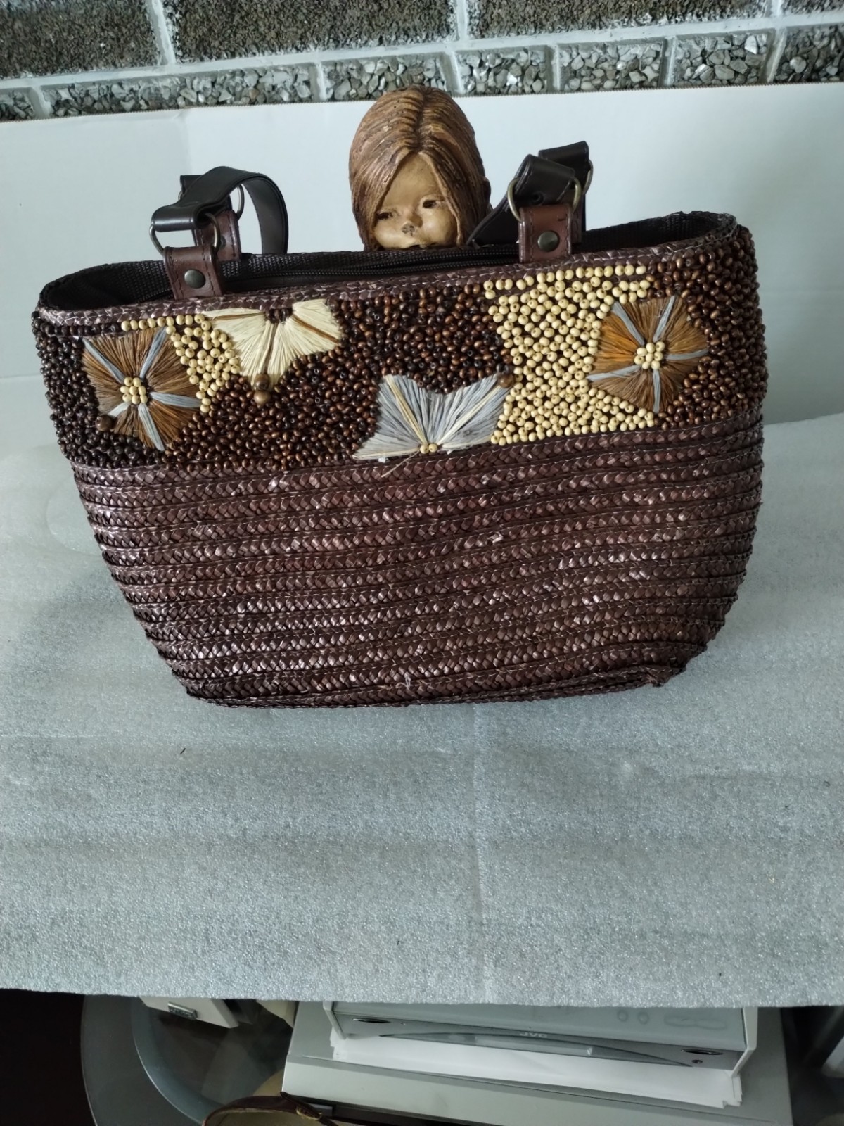 ANNE KLEIN FLORAL BEADED WOVEN TOTE HANDBAG