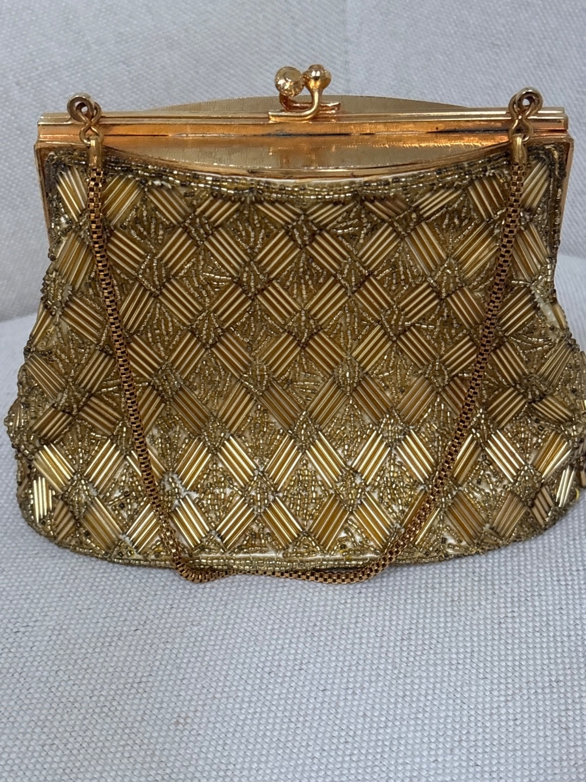 Gold Beaded Clasp Latch Lined Diamond Pattern Evening Bag Made In Hong Kong Vtg