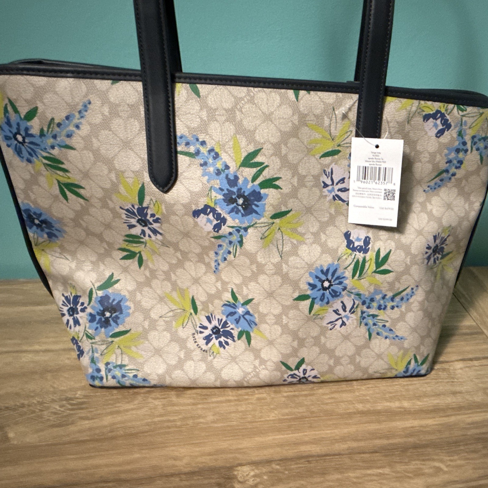 Kate Spade New York Large Floral Tote Bag Beige Zip Top Inner Pockets Logo