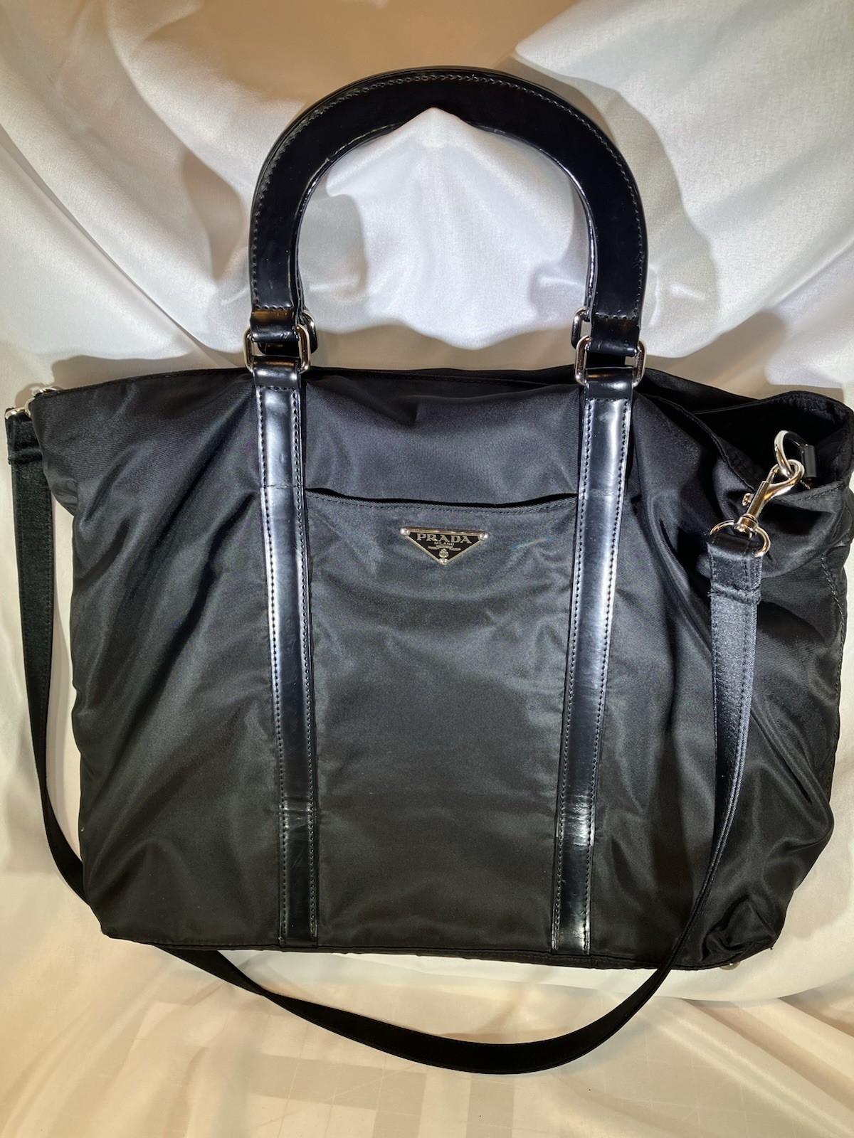 RARE PRADA Tessuto Black Bag Double Handles Zip Closure Silver Hardware