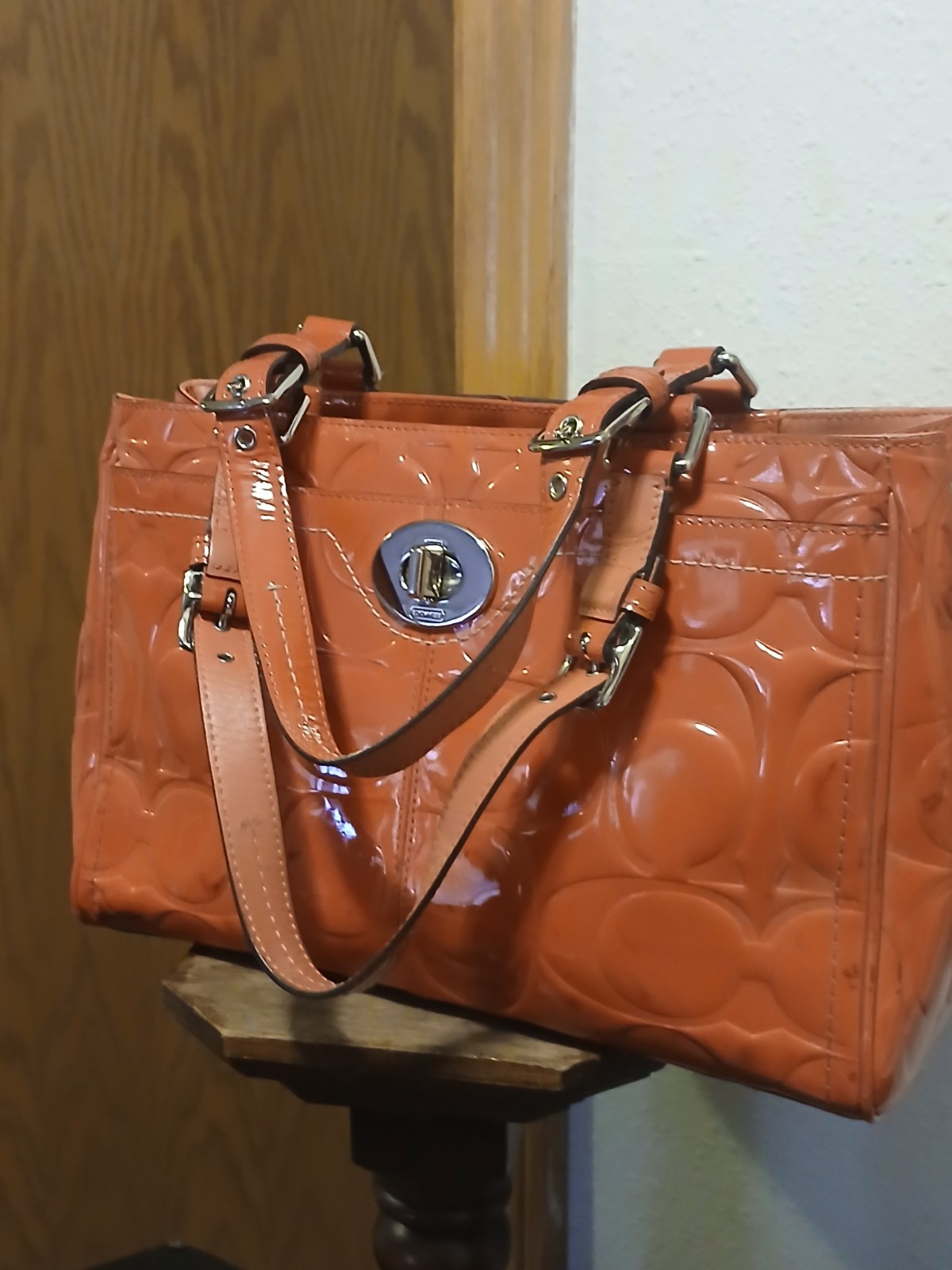 COACH Hamptons Orange Patent Leather Embossed Signature Carryall Tote F14413