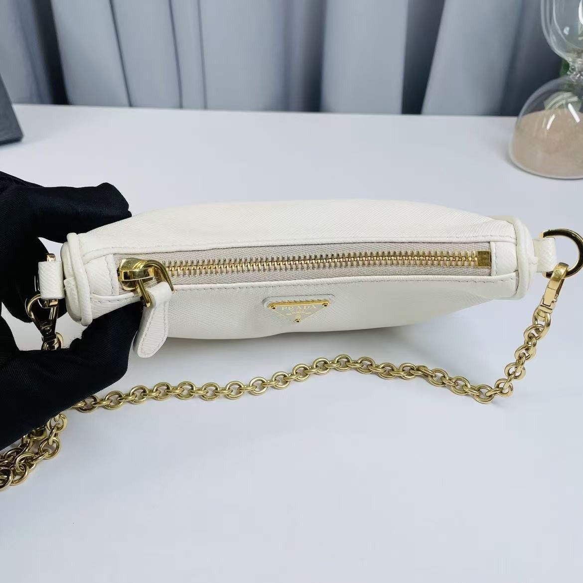 Prada Re-Edition 2005 Mini Hobo Bag White Saffiano Leather Gold Hardware 2WayBag