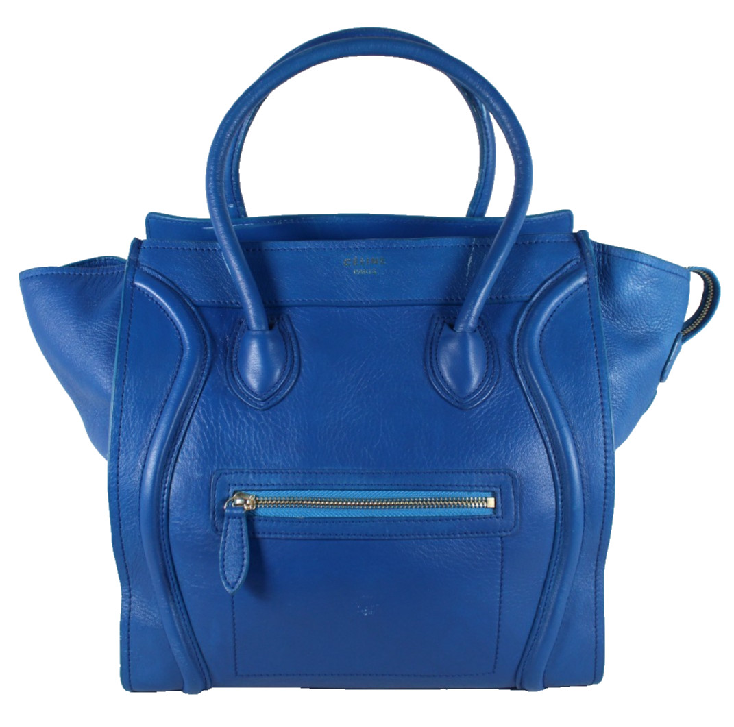 CELINE Cobalt Blue Red Leather Recessed Zip-Top MINI LUGGAGE Large Tote Bag