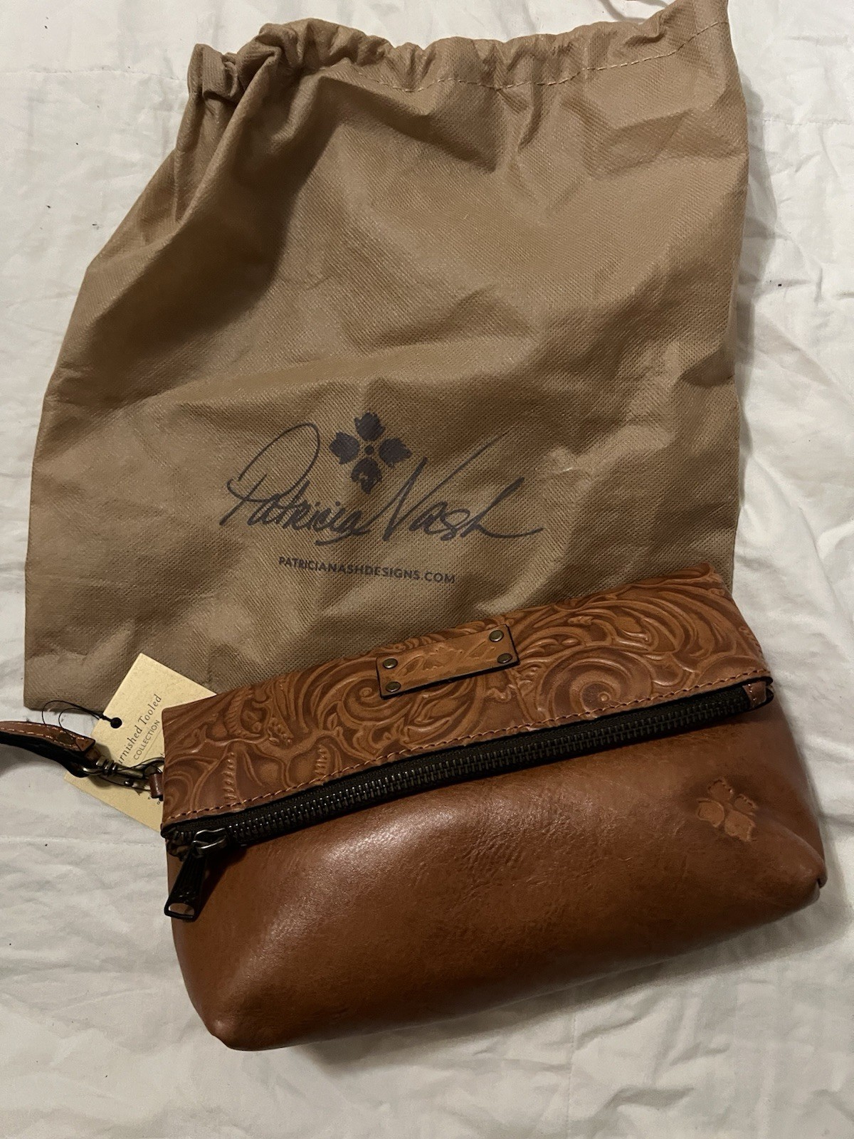 Patricia Nash Valerie Fold-over Wristlet Clutch Handbag Brown Tooled Leather