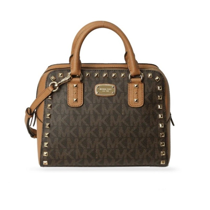 Michael Kors Sandrine Studded Small Satchel Crossbody Bag Brown MK Signature