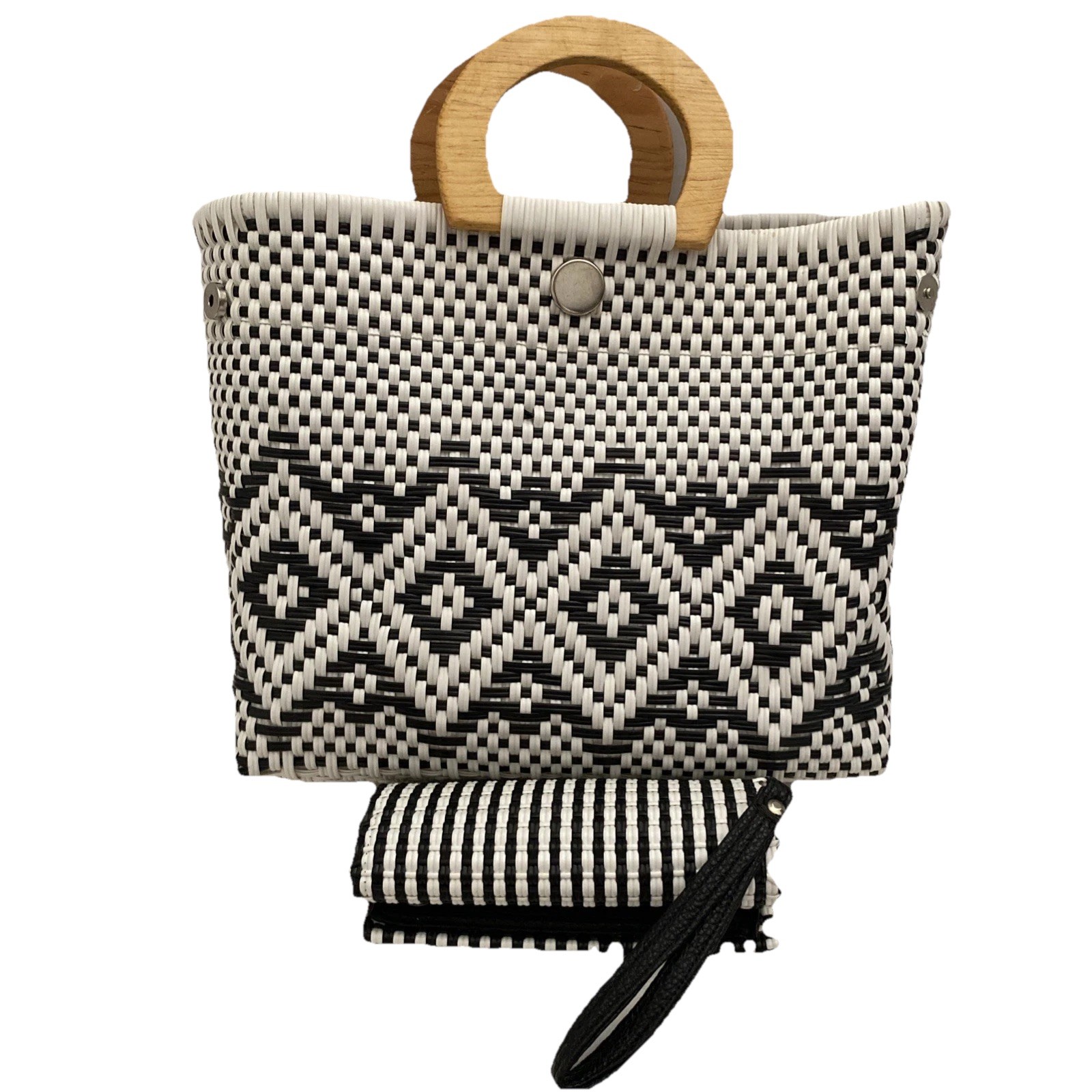 Handmade Tote Beach Bag & Purse White Black With Oriental Wooden Handle
