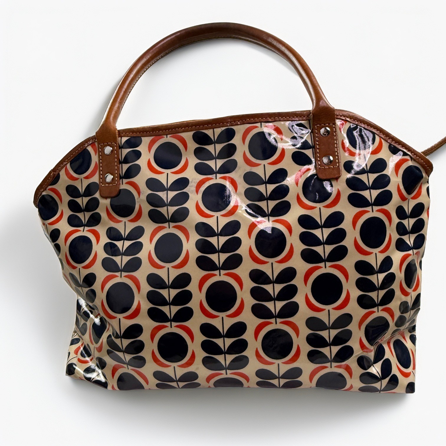 Orla Kiely London Stem Print Laminated PVC Coated Tote Bag Leather Trim Zip EUC