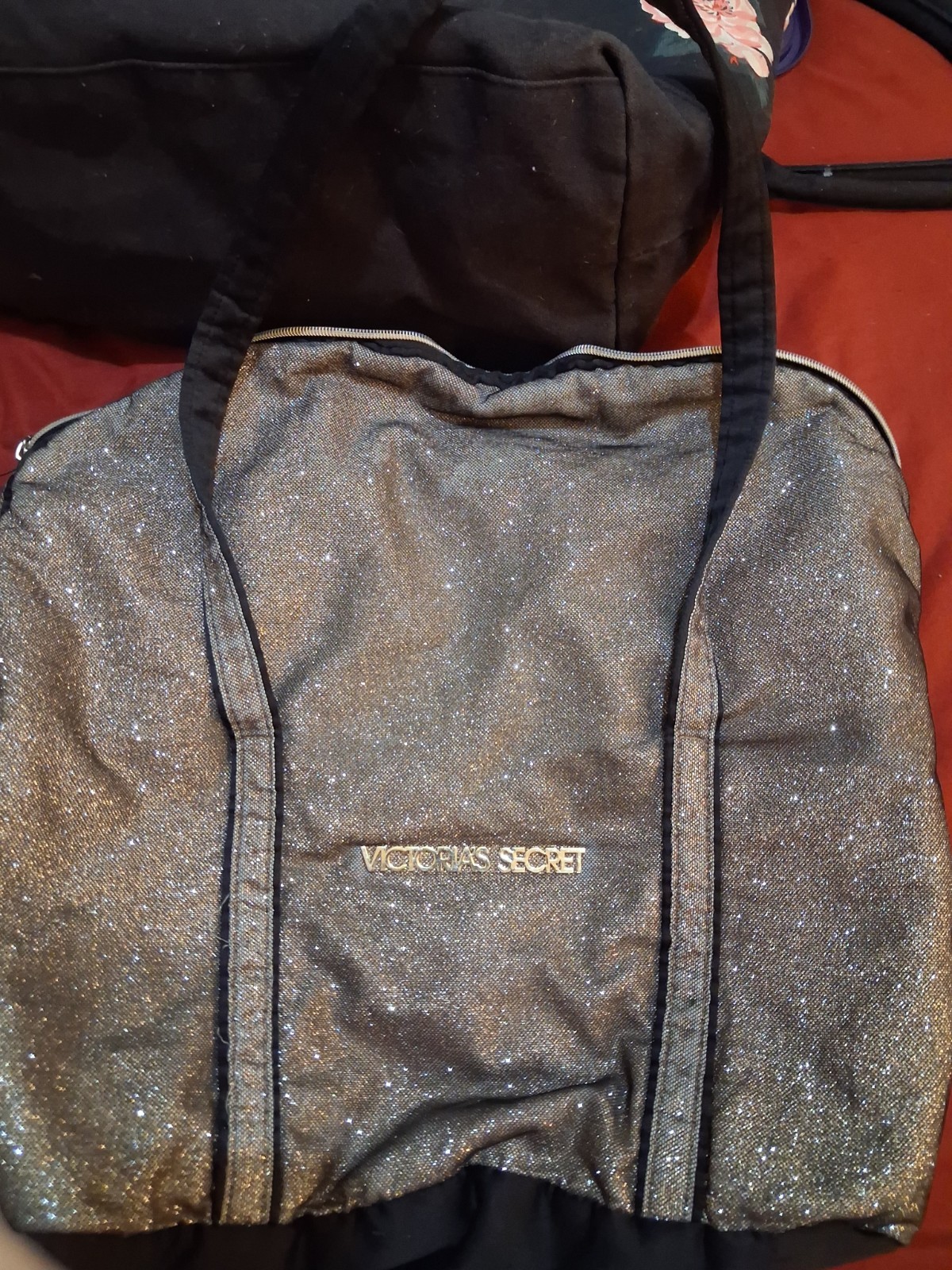 Victoria’s Secret Black Metallic Glitter Logo Duffle Bag Zip Lined