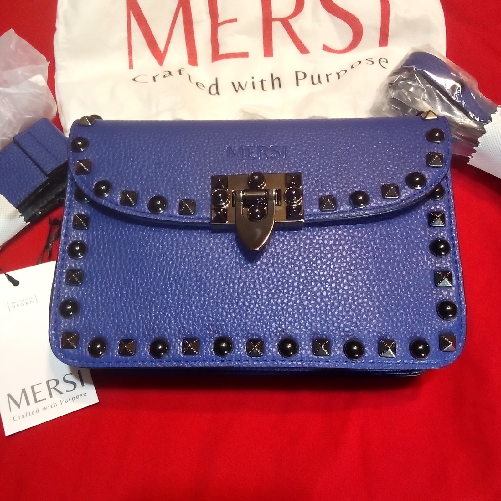 NEW NWT Women’s MERSI Designer Blue w/Studs Adjustable 2 Straps Crossbody Bag