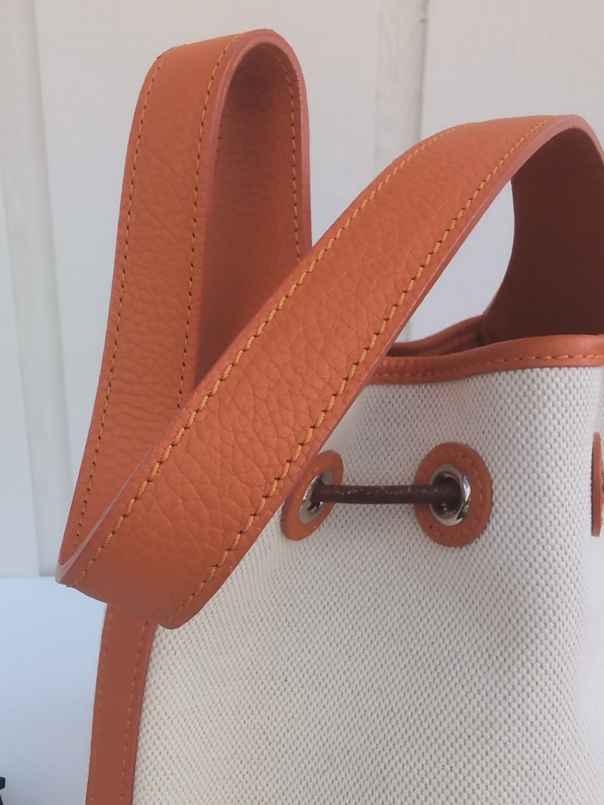 Oncour French Leather Drawstring Bucket Bag Beige Orange