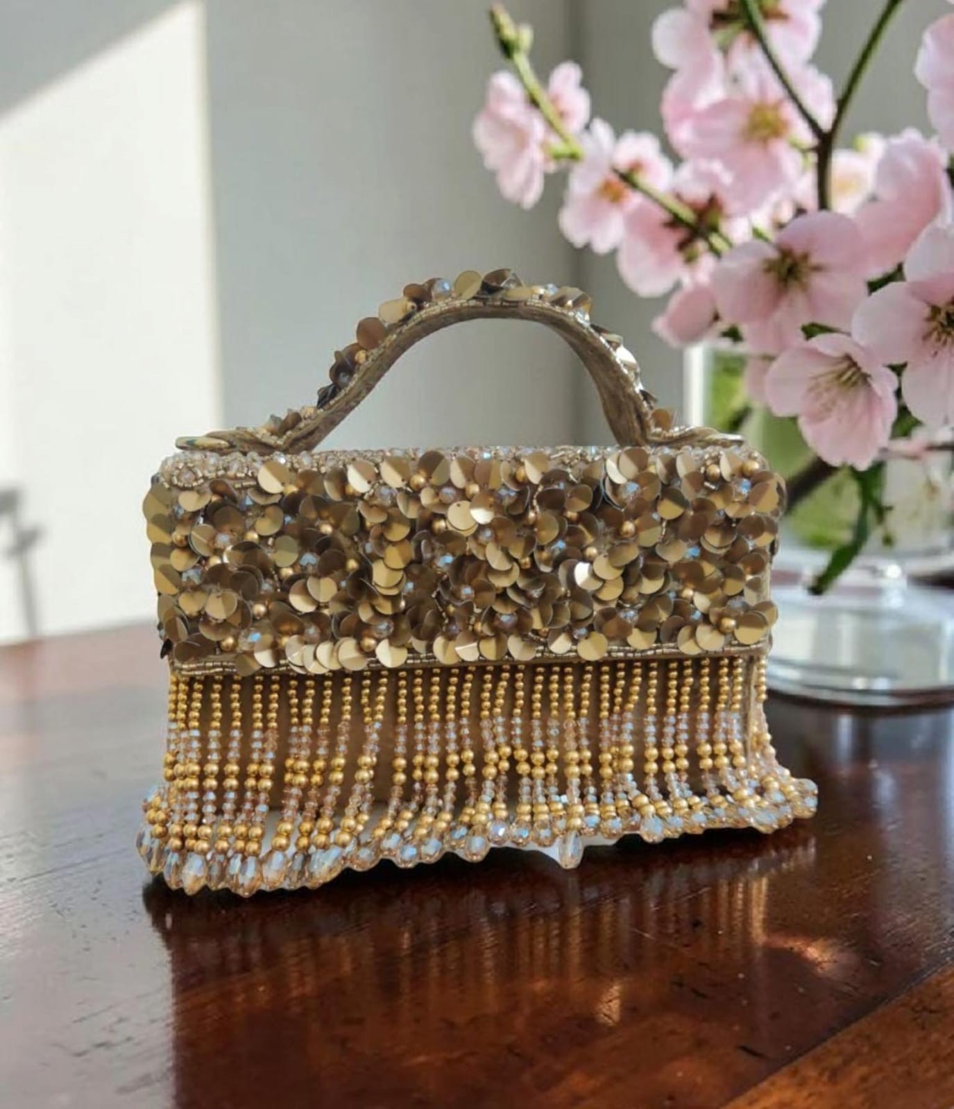 Sequin Velvet Evening Bag Fringe Pearl Beaded Floral Sequin Clutch Party Purse