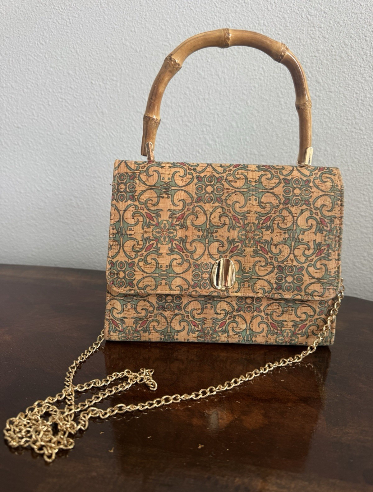 Tan Green Scroll Print Satchel Top Handle Bag Gold Chain Strap Turn Lock