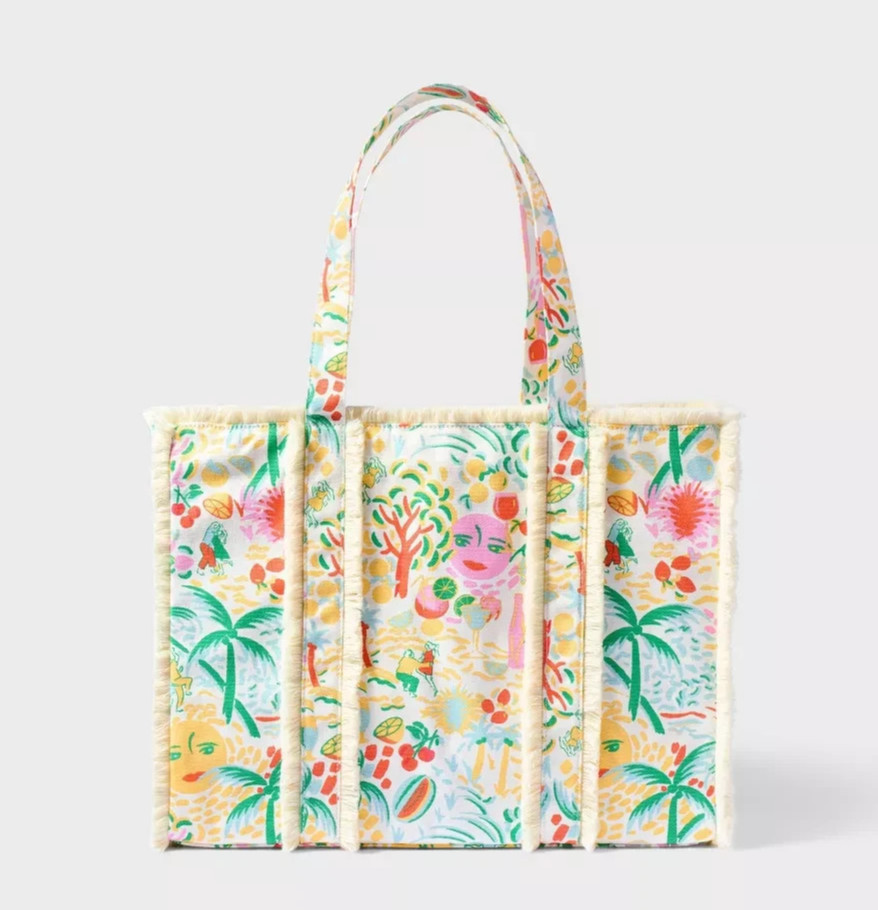 Roller Rabbit x Target Vacation Beach Fringe Canvas Tote Bag Yellow/ Green NWT