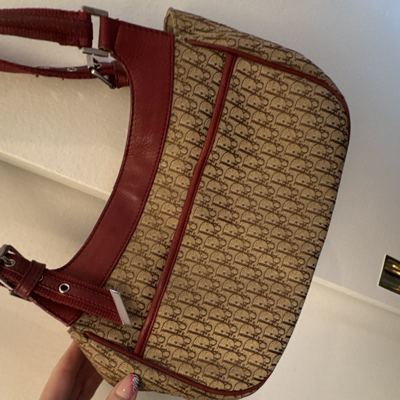 Dior Beige Red Monogram Shoulder Bag Zip Snap Logo Buckle Pockets Silver