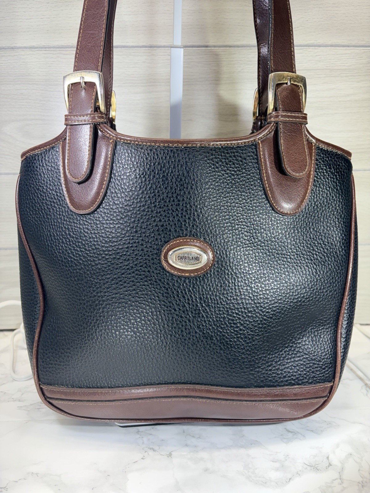 Women’s Black Faux Leather Handbag Shoulder Purse With Brown Trim By Carryland