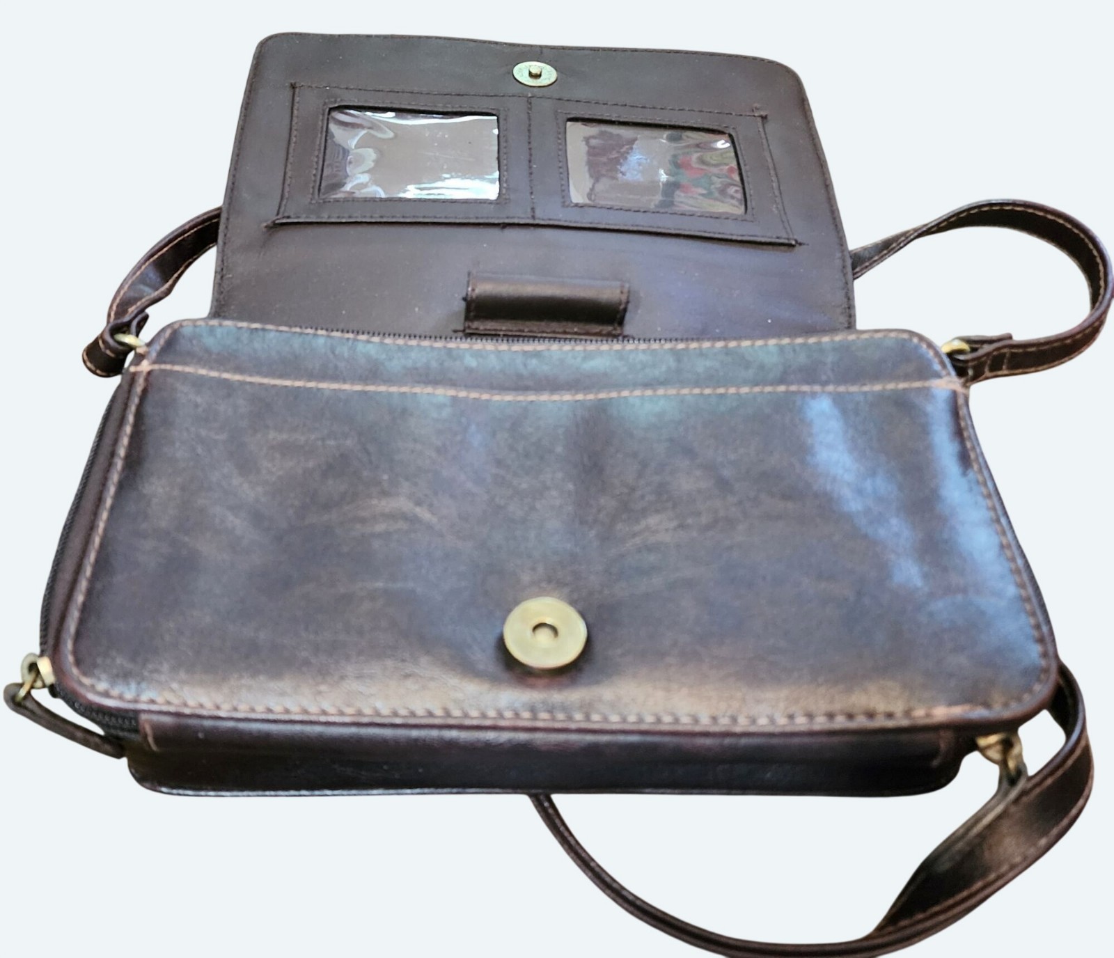 Vintage 100% PVC Leather Brown Crossbody Shoulder Bag Flap Purse w Back Pocket