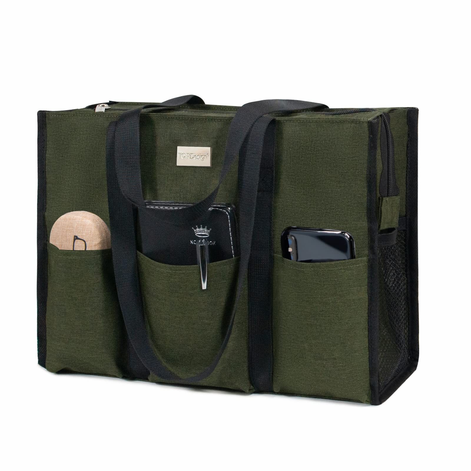TOPDesign Utility Water Resistant Tote Bag with 13 Pockets Top Zipper Closure &