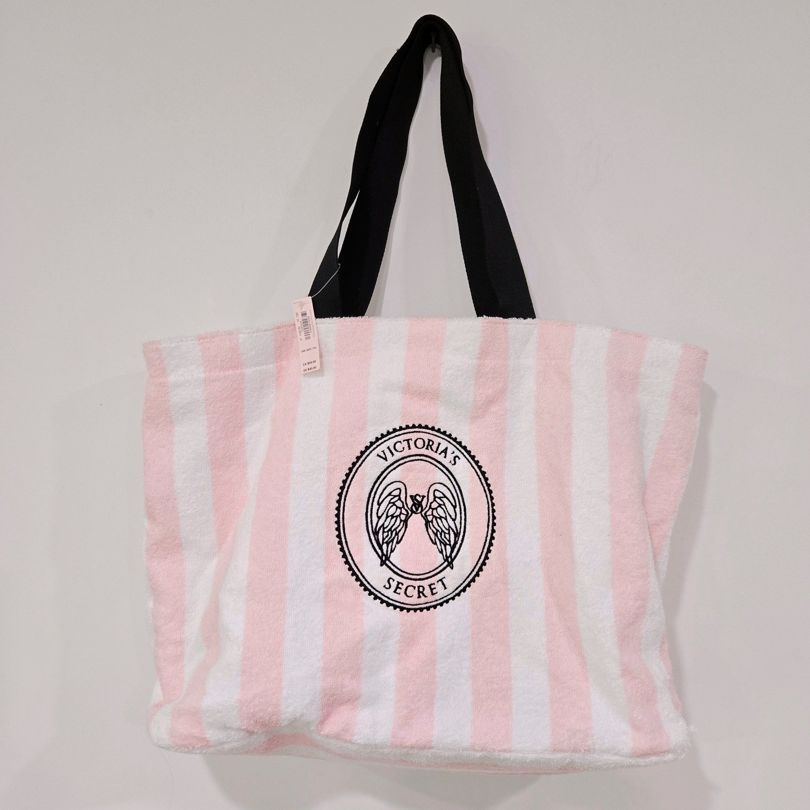 New Victoria’s Secret Terry Tote Bag Beach Women Pink White Striped Angel Wings