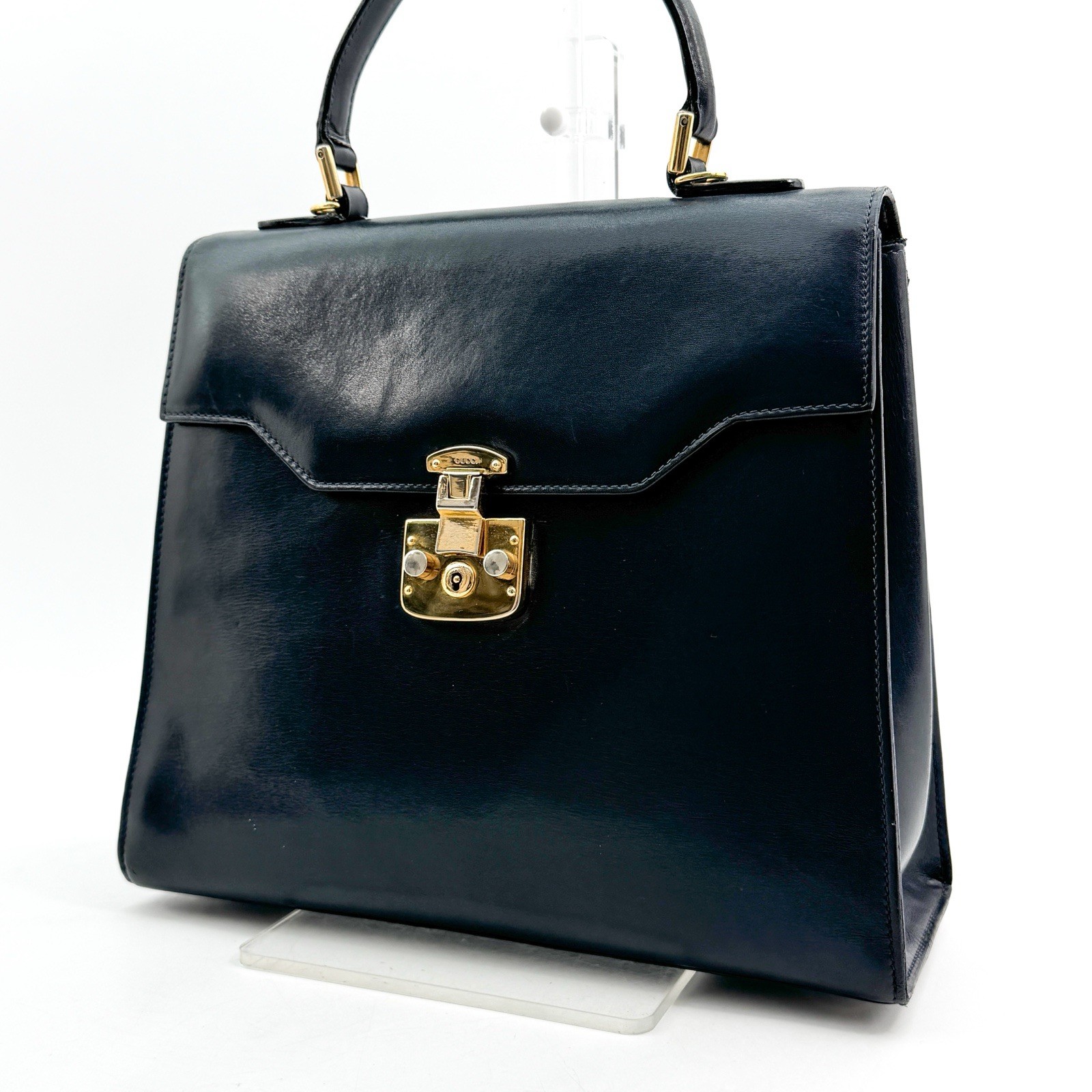 GUCCI Vintage Lady Lock Handbag Leather Top Handle Dark Navy Authentic