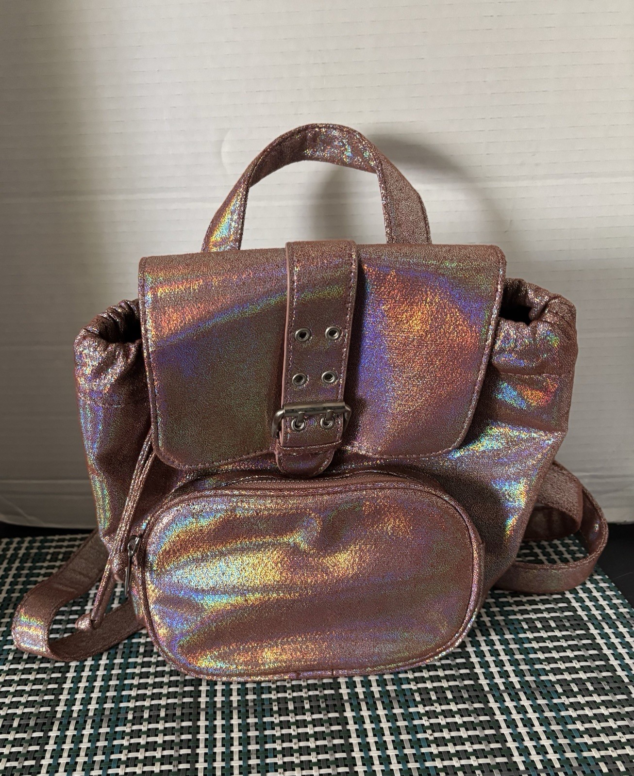 Wild Fable Mini Drawstring Flap Backpack Purse Iridescent Pink