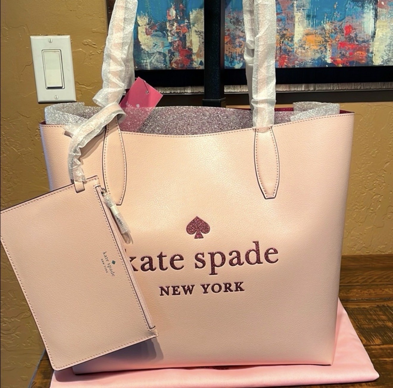 kate spade new york Large Tote pink rose Logo Removable Pouch. MSRP $329