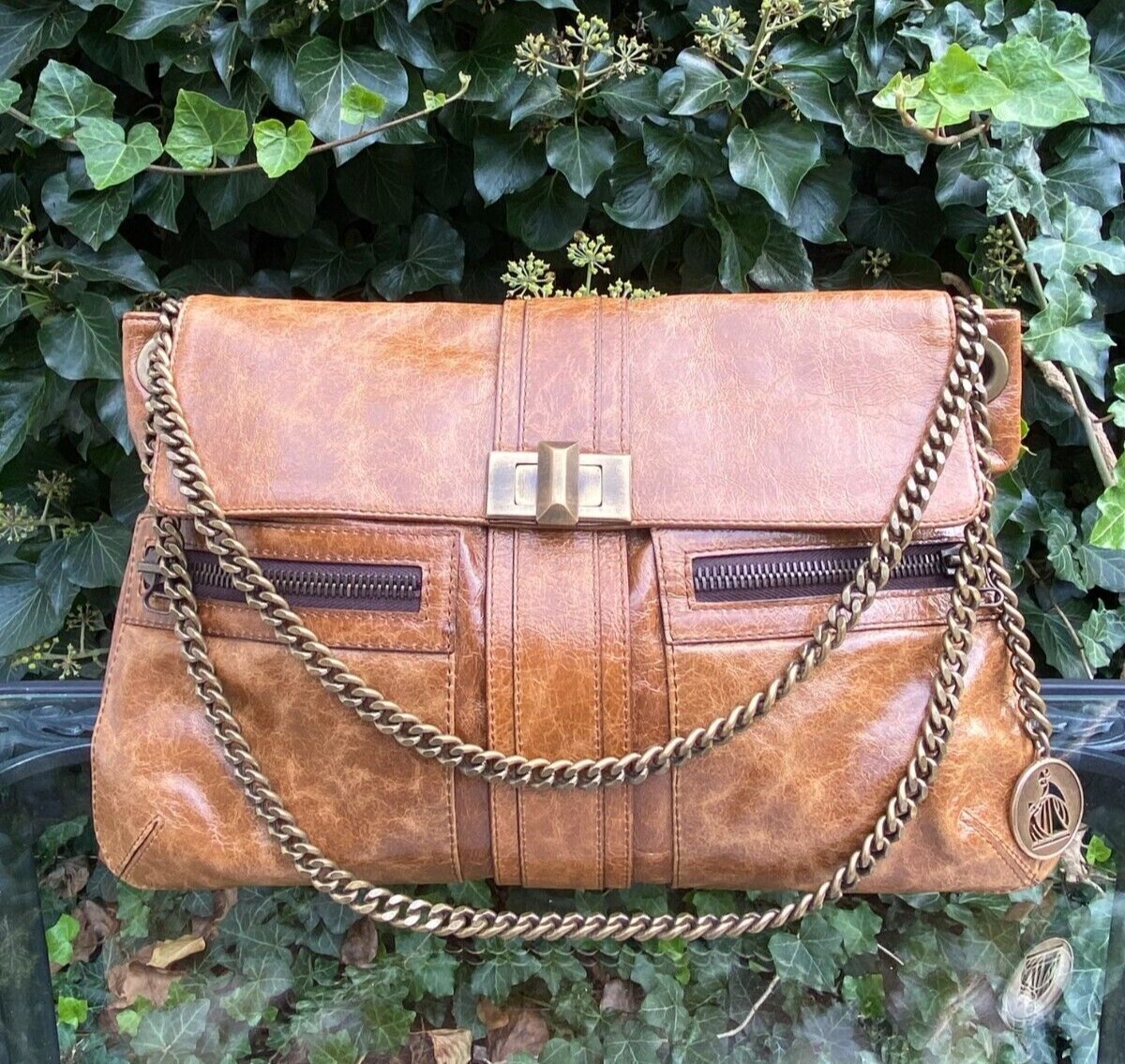 New! LANVIN Brown Leather Hero Brown Shoulder Bag With Antiqued Brass Strap