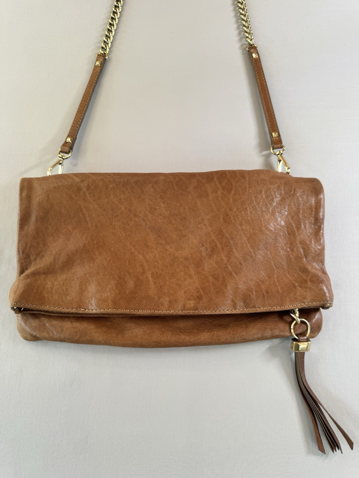 Stella & Dot Waverly Leather 3-Way Foldover Crossbody Clutch Brown Gold