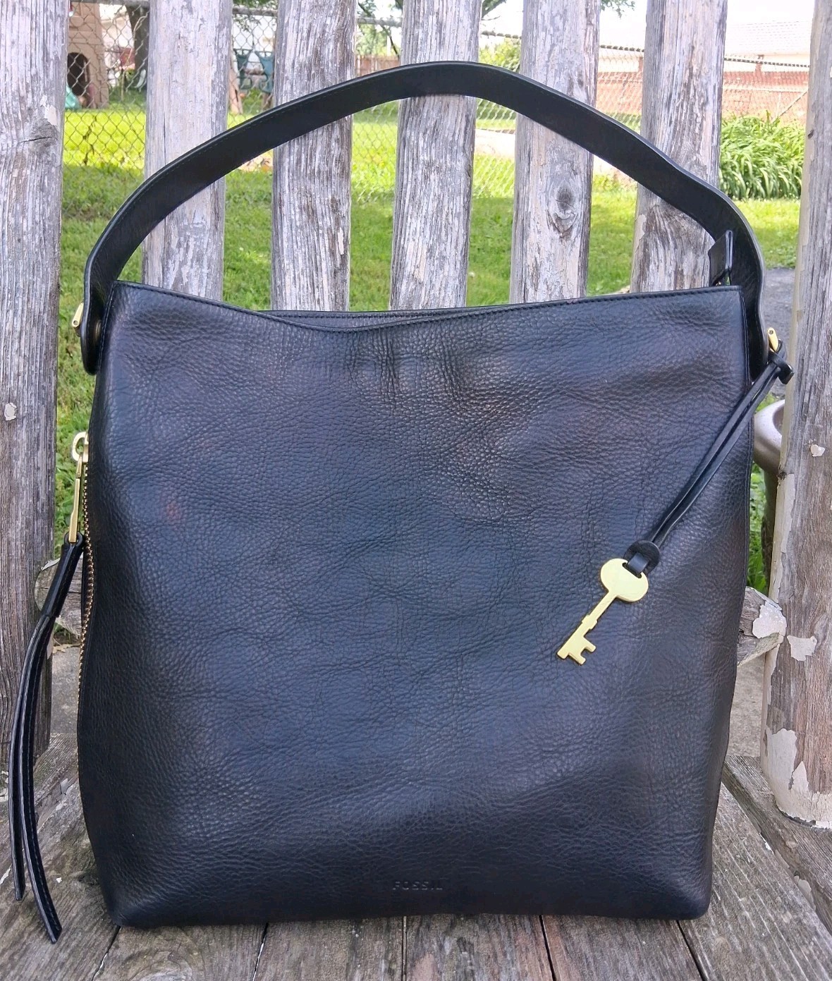 Fossil Black Leather Shoulder Tote,Everyday Shopping Side Zipper Pocket