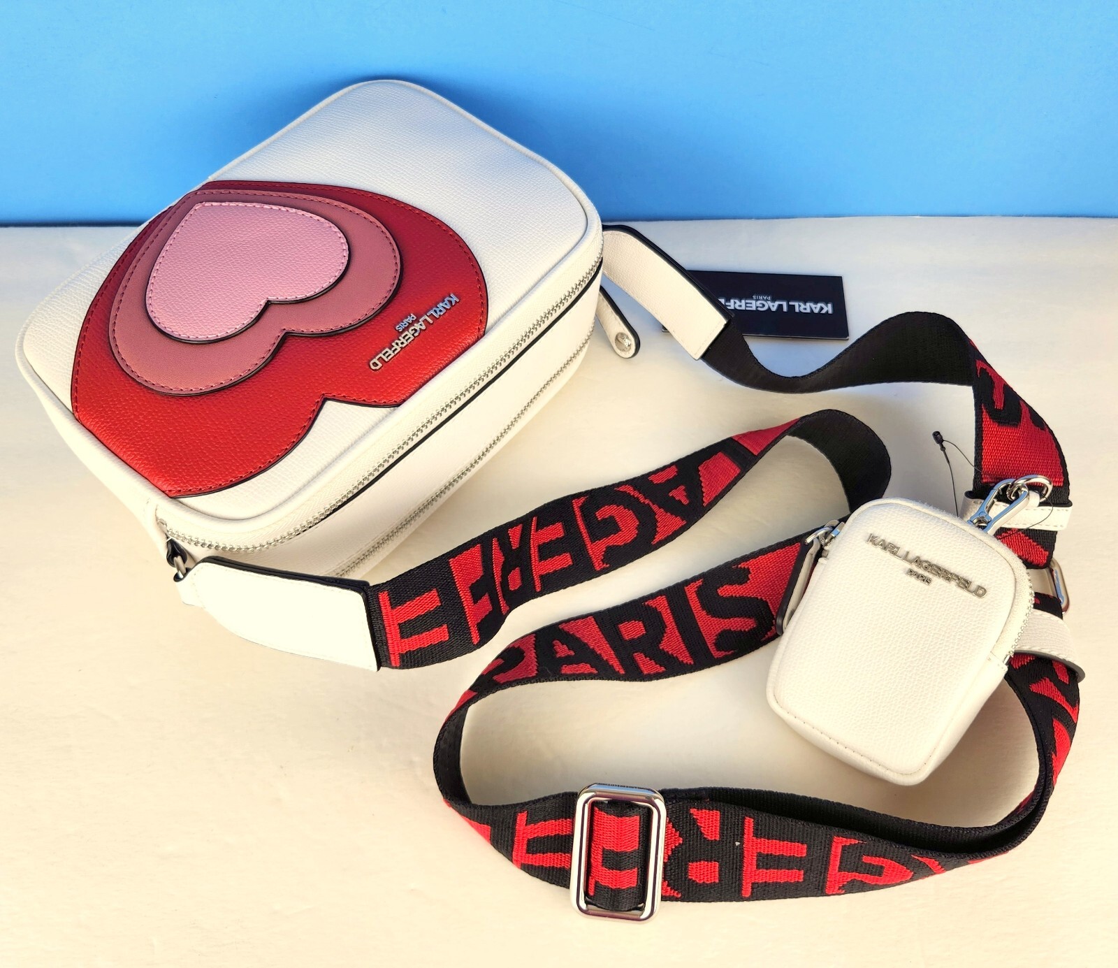 New Karl Lagerfeld Paris Maybelle Crossbody Bag White w Pink Red Hearts w/Pouch