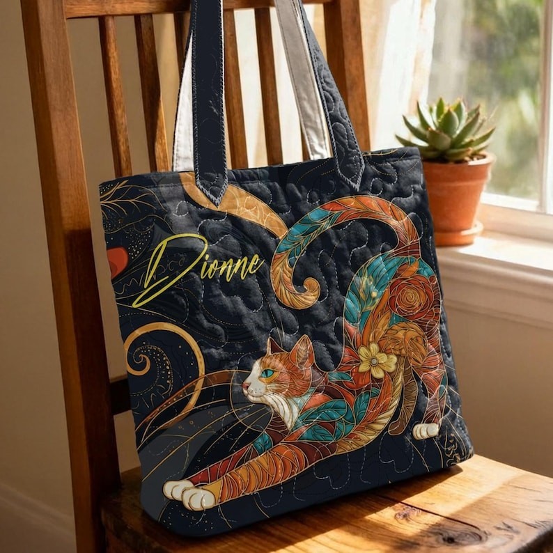 Personalized Cat Tote Bag, Quilted Cat Bag, Custom Name Gift for Cat Lovers, Col