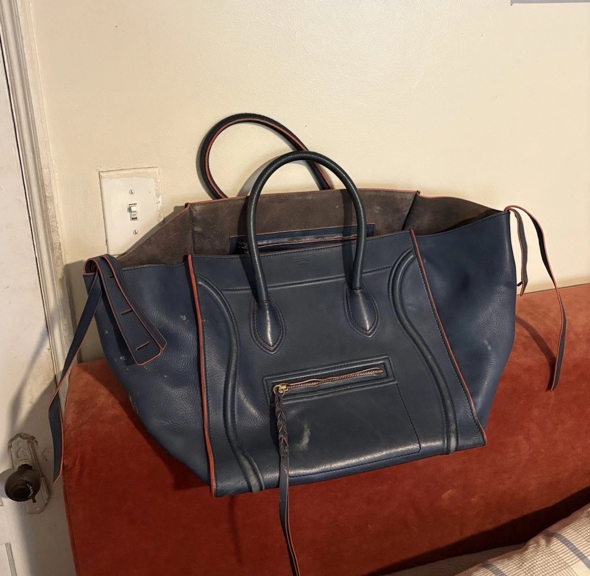 Celine Phantom Tote Bag Navy Blue Leather with Orange Piping Vintage Authentic