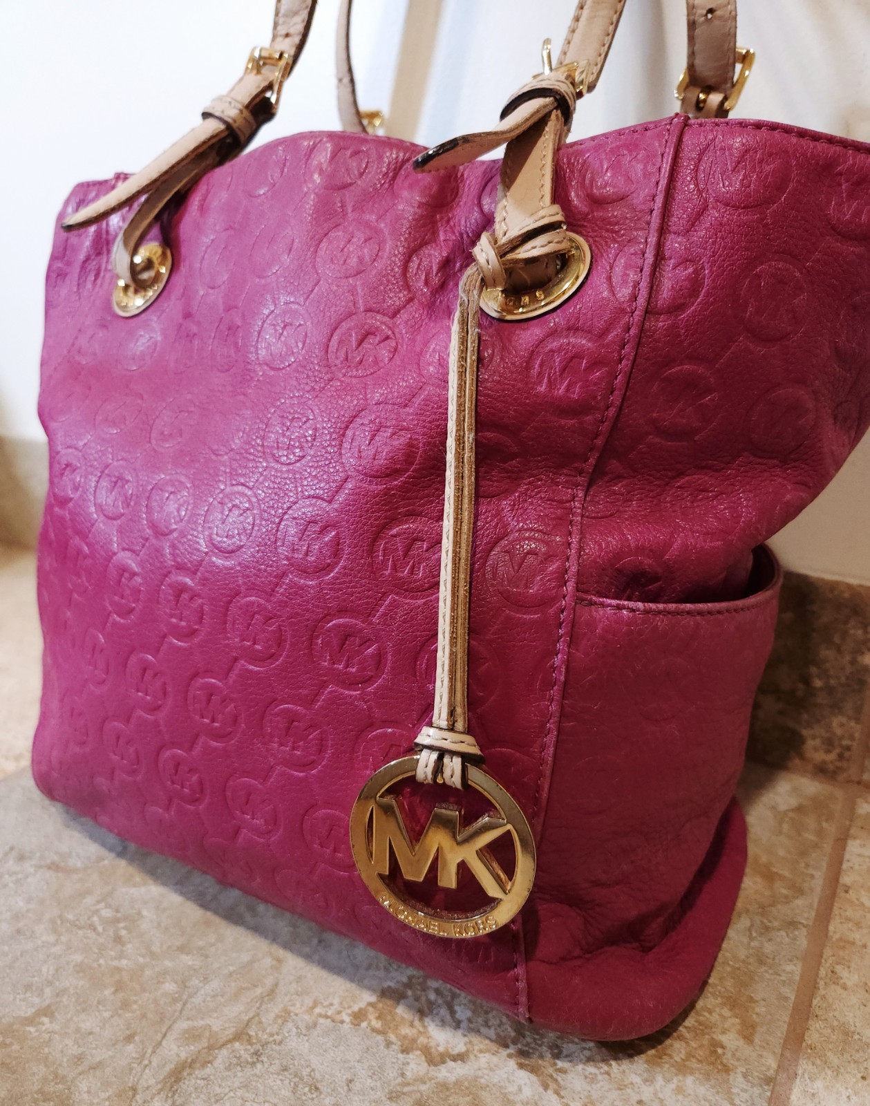 Michael Kors | Large Magenta Pink Leather MK Logo Tote Double Handle Travel Bag
