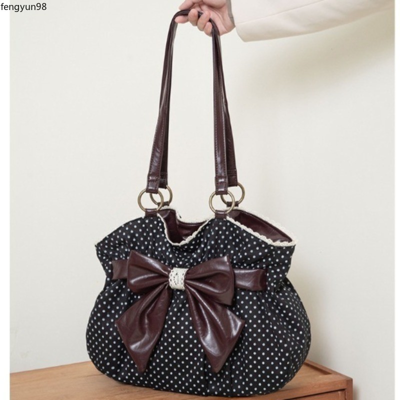 Chic Polka Dot Tote Bag Vintage Women Handbags Shoulder Bag Bow Sweet Bag