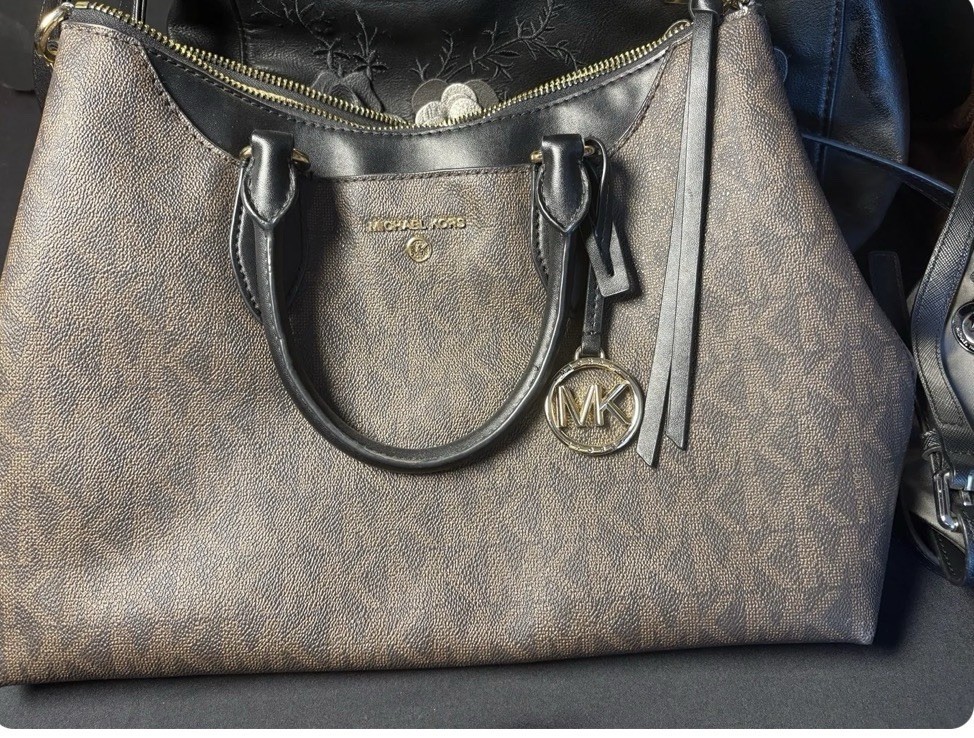 Michael Kors Brown Signature Logo Large Satchel Zip Top Gold Hardware Bag Charm