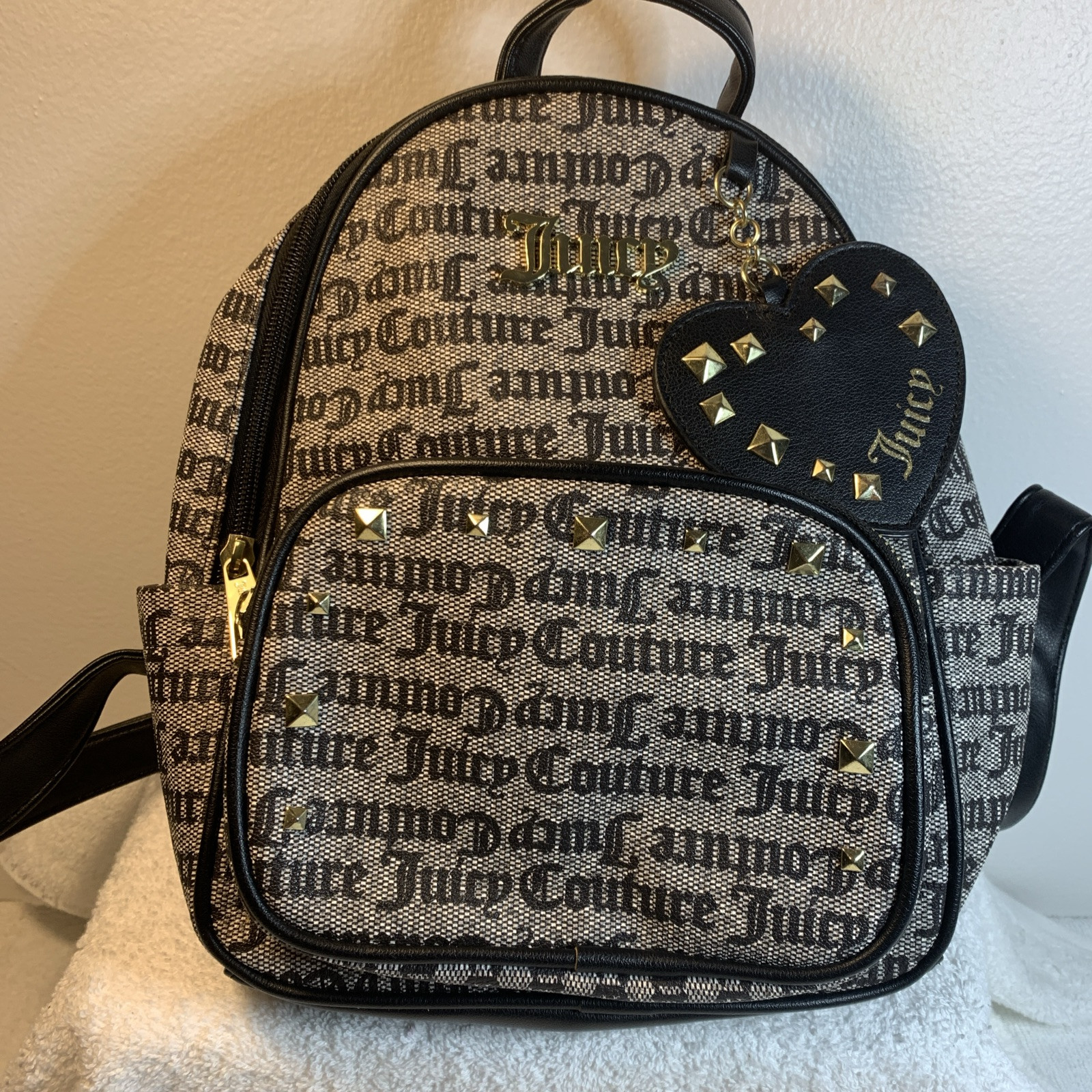 Y2K Juicy Couture Black Nylon Eco Friendly Multi Logo Backpack 14″ X 12″ AOP 90s
