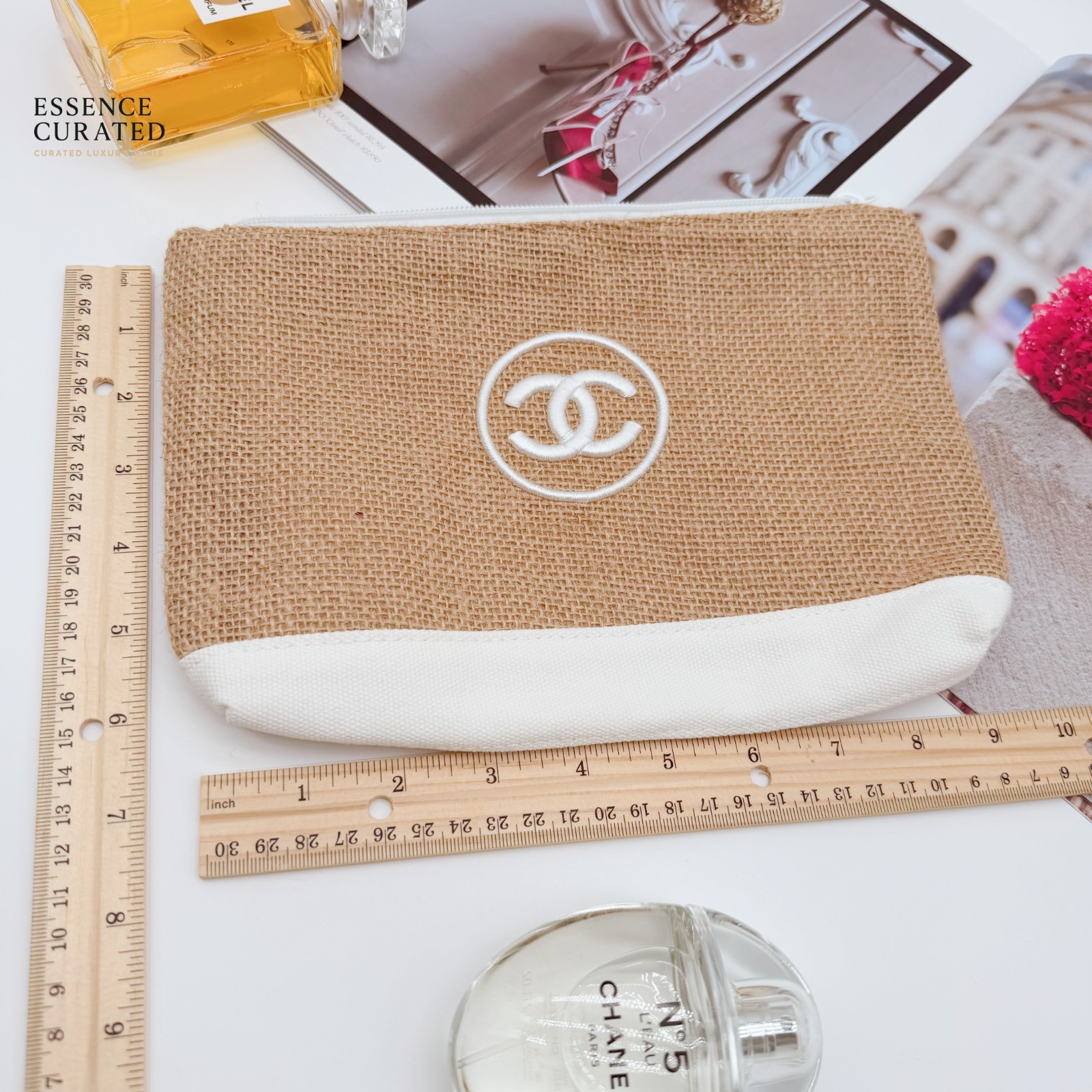 Beige Raffia Style Cosmetic Pouch Makeup Bag Travel Toiletry Zip Case New