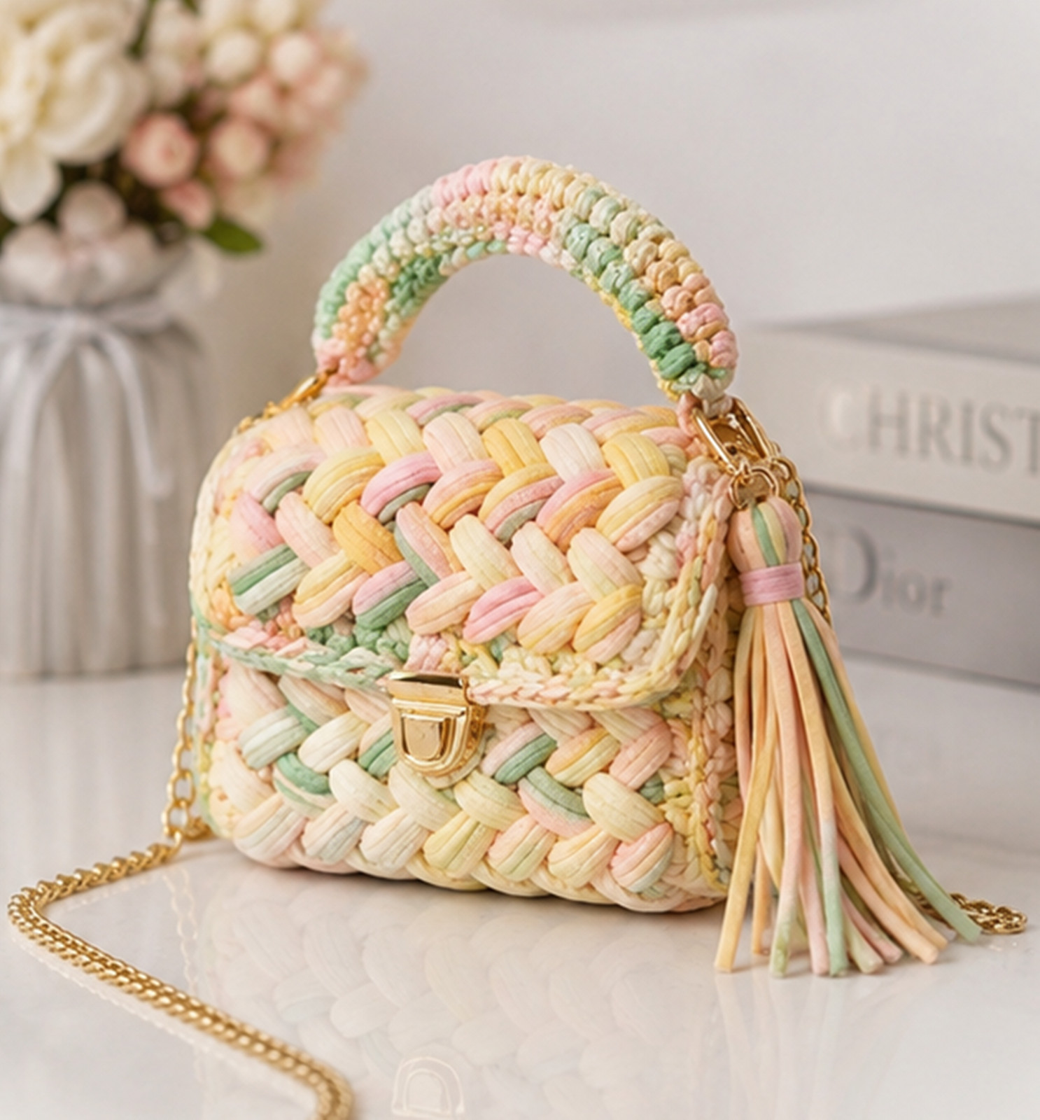 Pastel Crochet Crossbody Bag, Marshmallow Weave Knit Purse with Gold Chain
