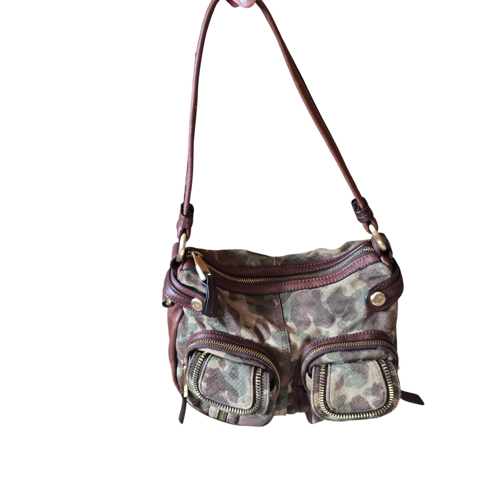 B. Makowsky Camo Print Leather Shoulder Bag Grunge Y2K Utility Hobo Pockets