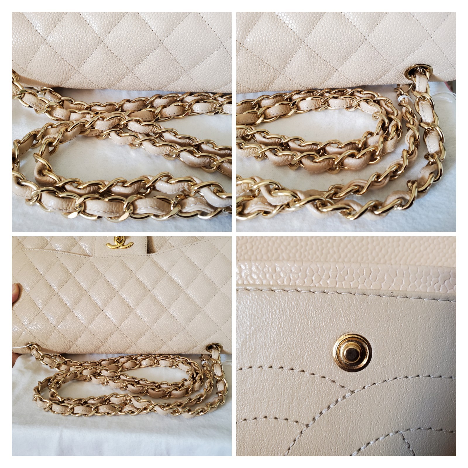 $12,600 CHANEL Classic Beige Ca viar Gold hw Jumbo double Flap Bag Serial 18