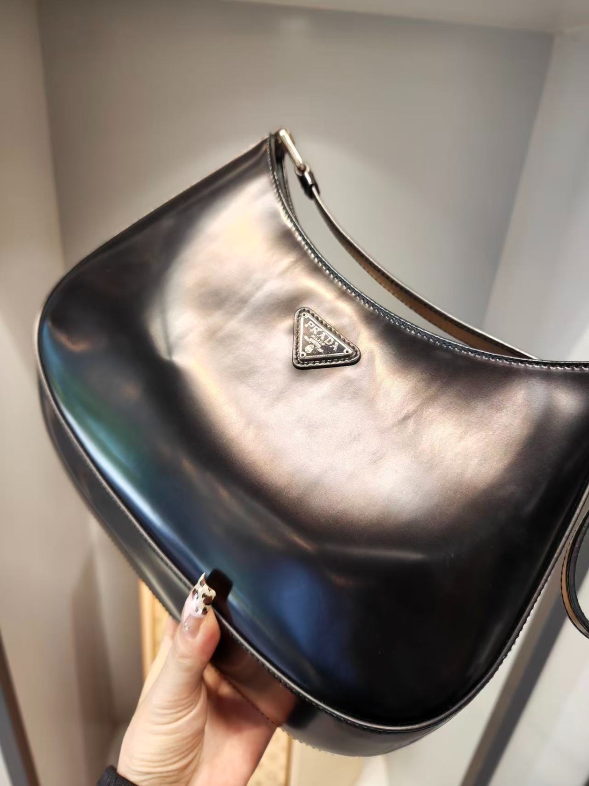 PRADA Cleo Black Brushed Leather Shoulder Hobo Bag