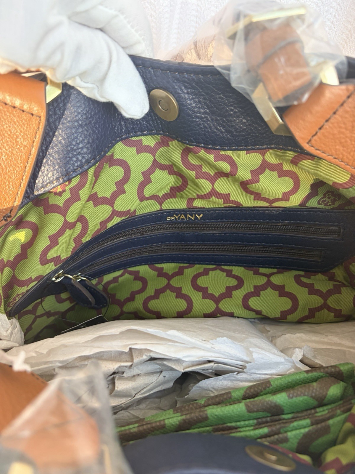 orYANY Leather Hobo Handbag Brown/Taupe/Blue with Gold Accents Large NWT!