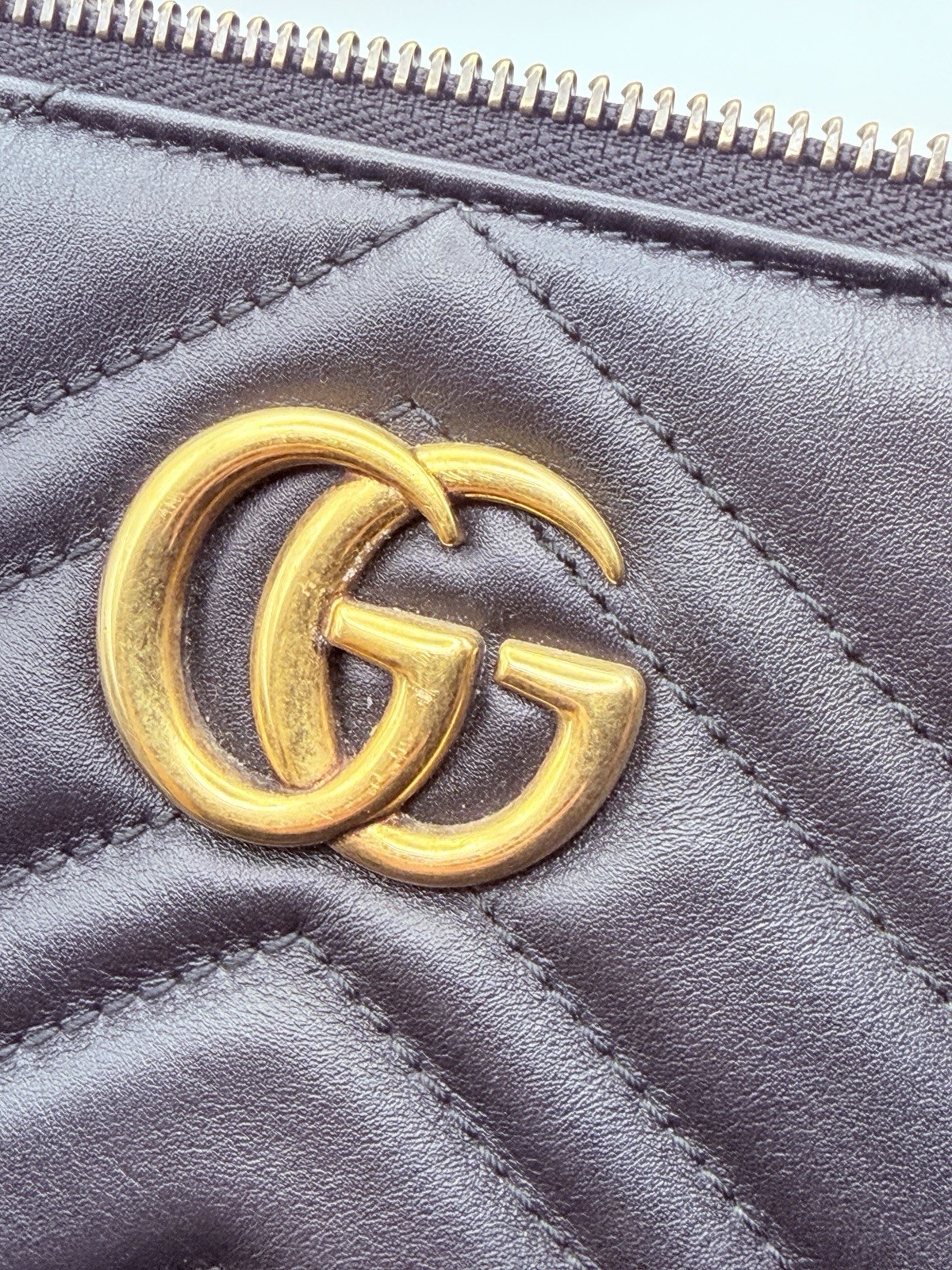 Gucci GG Marmont Mini Black Matelasse Chevron Quilted Zip Pouch Chain Strap