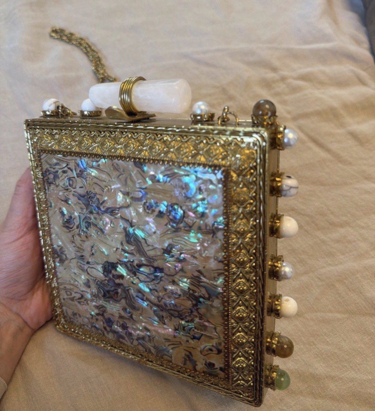 Ornate Iridescent Evening Clutch with Chain